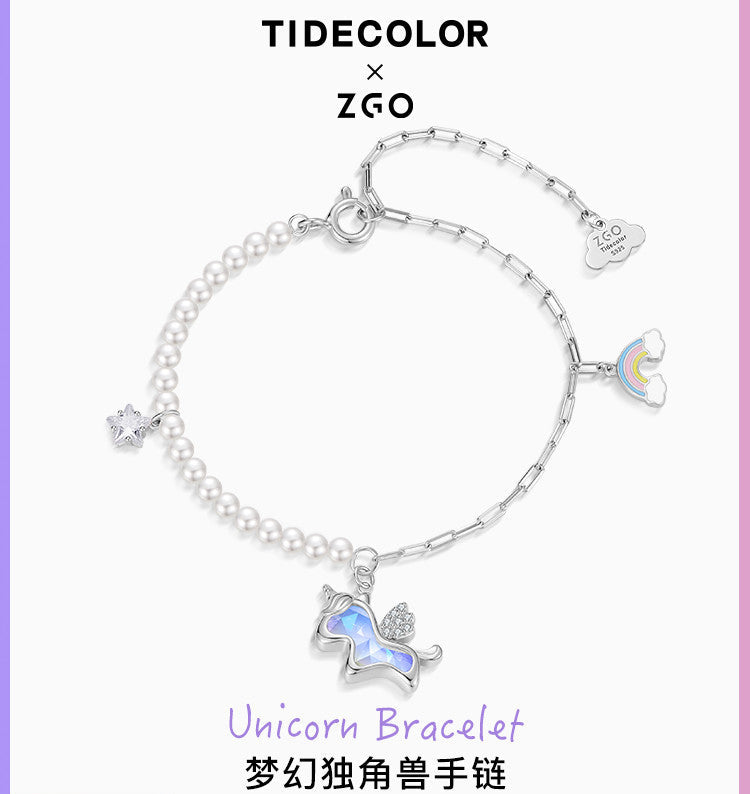 Unicorn Rainbow Star 925 Sterling Silver Pearl Bracelet