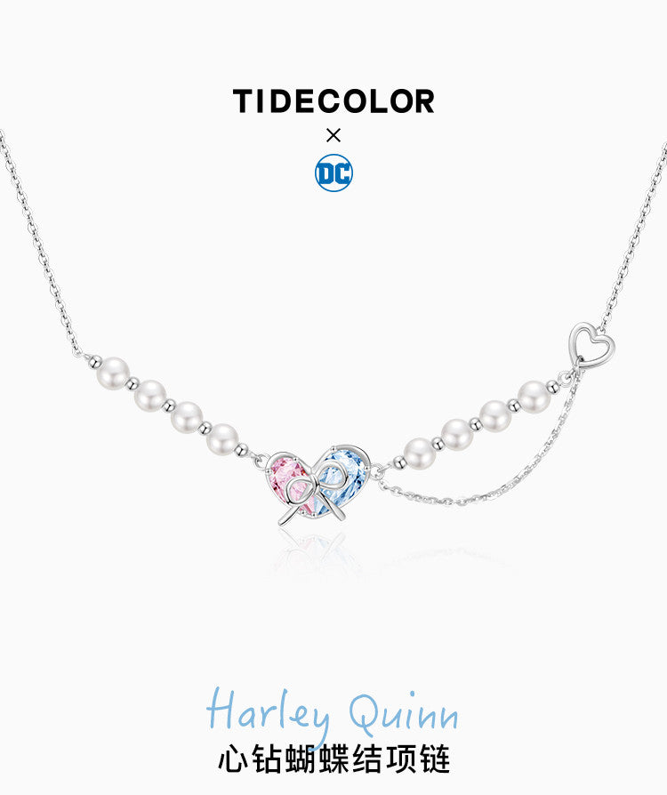 Harley Quinn Pink Blue Heart Bow 925 Sterling Silver Pearl Necklace