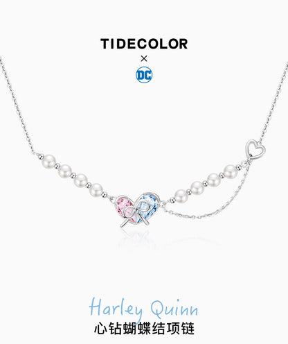 Harley Quinn Pink Blue Heart Bow 925 Sterling Silver Pearl Necklace