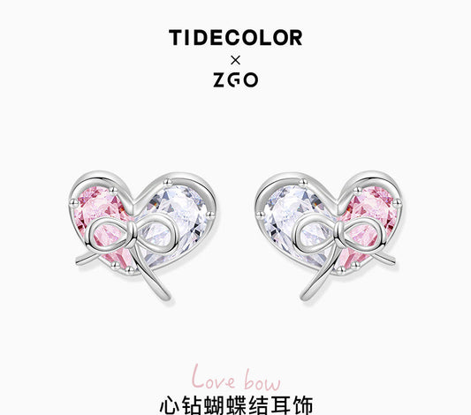 Heart Bow Zircon 925 Sterling Silver Stud Earrings