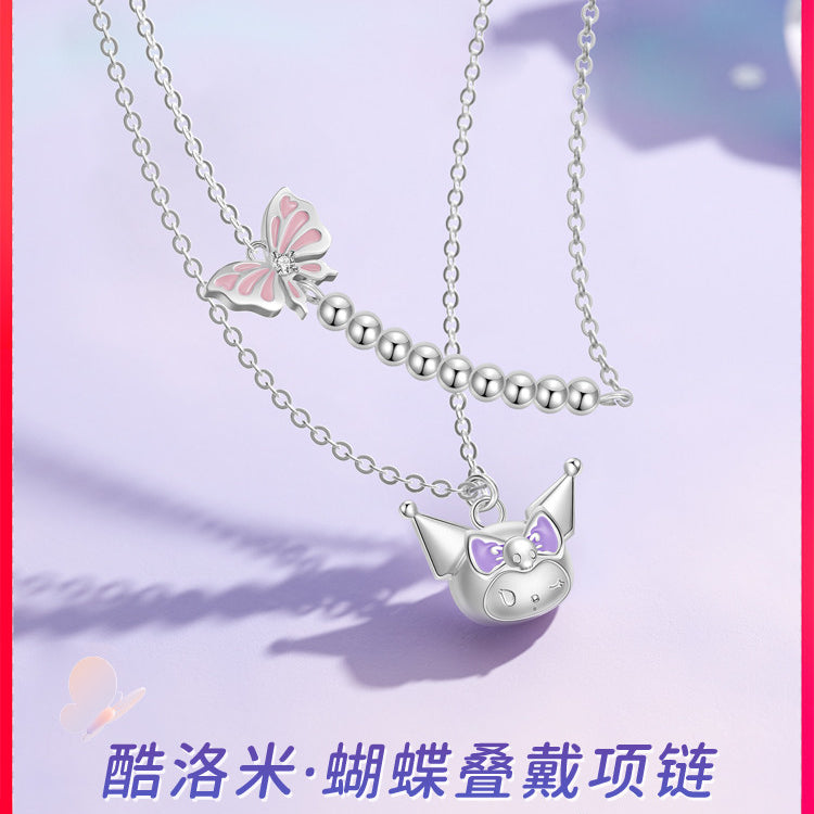 Kuromi Butterfly Double Chain 925 Sterling Silver Necklace