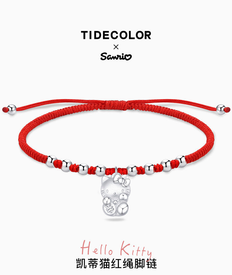 Hello Kitty Lucky Red Ox Agate 925 Sterling Silver Wrist String