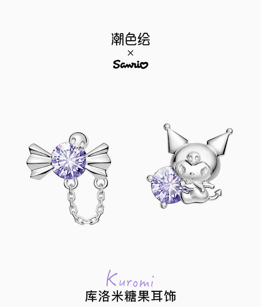 Kuromi Purple Candy Asymmetrical 925 Sterling Silver Earrings