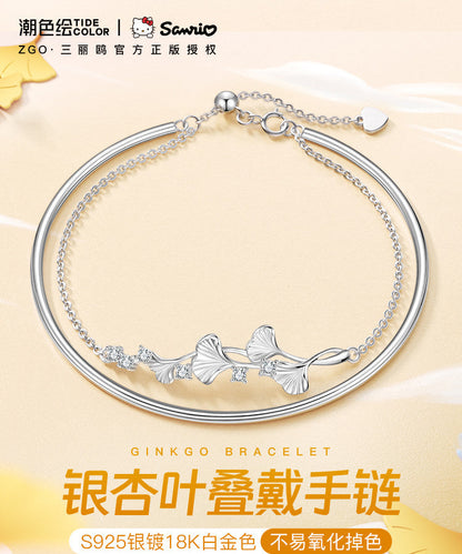 Ginkgo Leaf Double Chain 925 Sterling Silver Bracelet