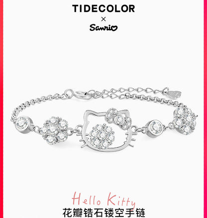 Hello Kitty Face Flower Zircon 925 Sterling Silver Bracelet