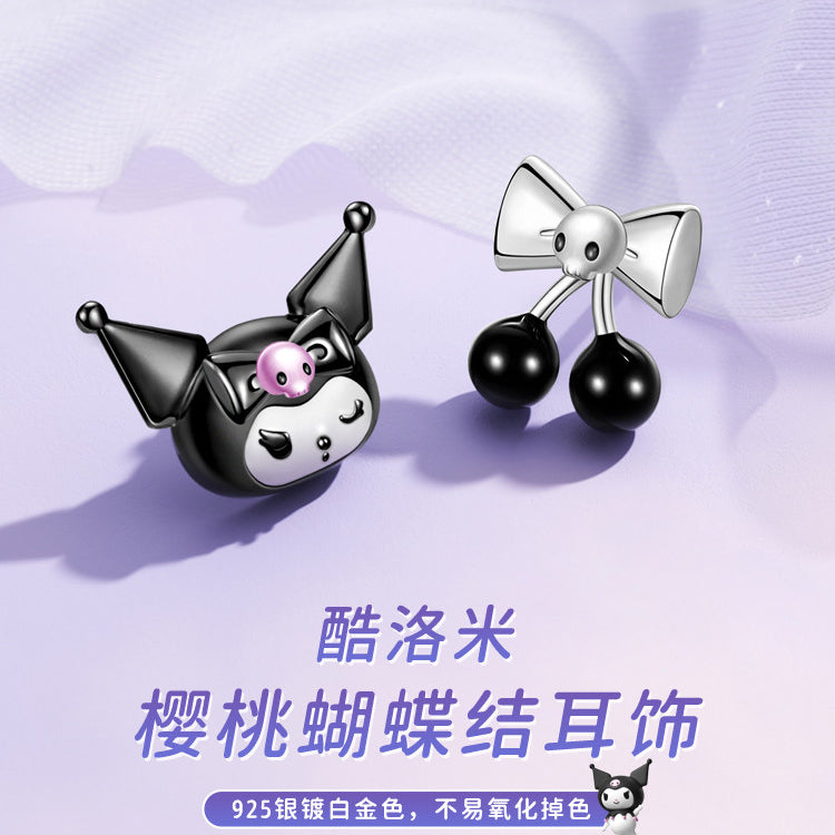 Kuromi Cherry Bow Asymmetrical 925 Sterling Silver Earrings