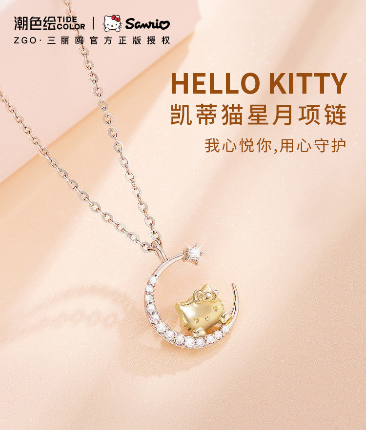 Hello Kitty Star & Moon Zircon 18K Gold Plated 925 Sterling Silver Necklace