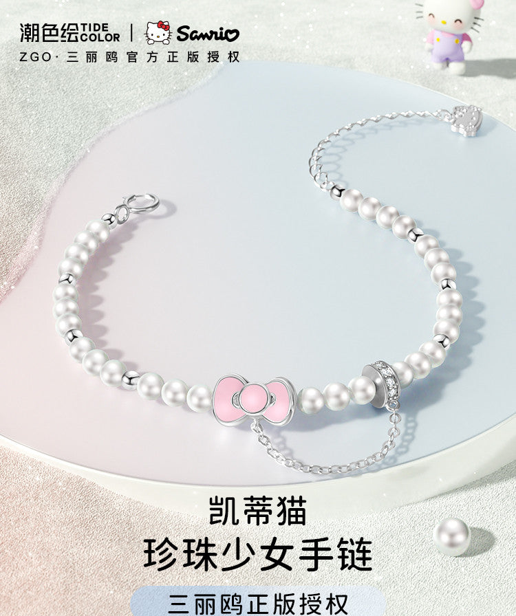 Hello Kitty Bow Pearl 925 Sterling Silver Bracelet