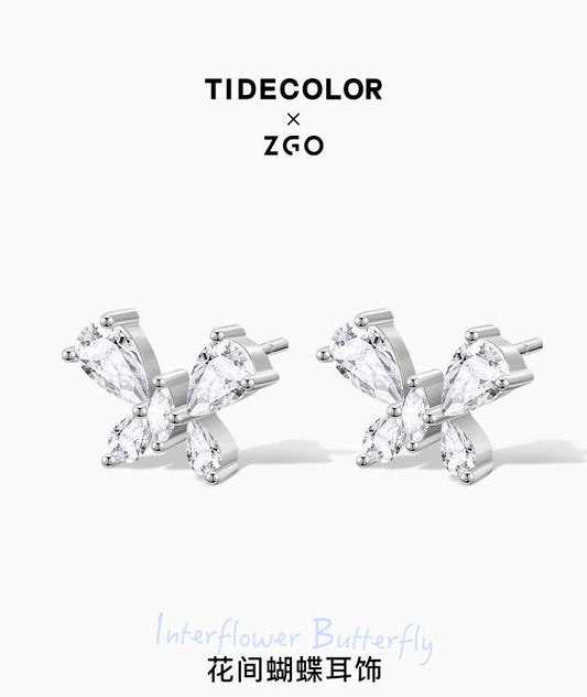 Butterfly Flower Zircon 925 Sterling Silver Clip-on Earrings