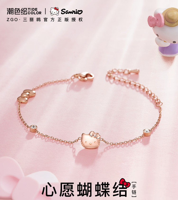 Hello Kitty Bow Zircon 18K Gold Plated Titanium Steel Bracelet