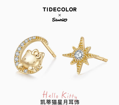 Hello Kitty Star Moon 18K Gold Plated Asymmetrical 925 Sterling Silver Stud Earrings