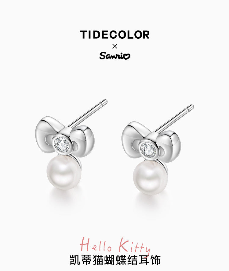 Hello Kitty Bow Pearl 925 Sterling Silver Stud Earrings