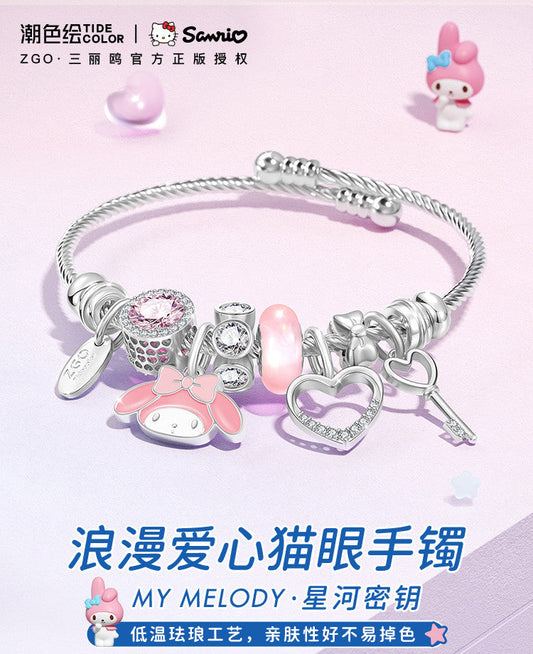 My Melody Pink Glaze Planet Key Heart Zircon 18K Gold Plated Copper Bracelet