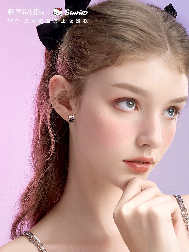 Kuromi Cherry Bow Asymmetrical 925 Sterling Silver Earrings