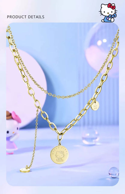 Hello Kitty Gold Coin Double Chain Titanium Steel Necklace