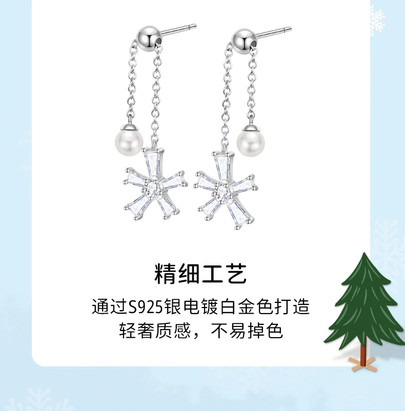 Christmas Snowflake Pearl 925 Sterling Silver Earrings