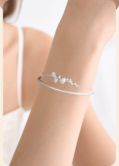 Ginkgo Leaf Double Chain 925 Sterling Silver Bracelet