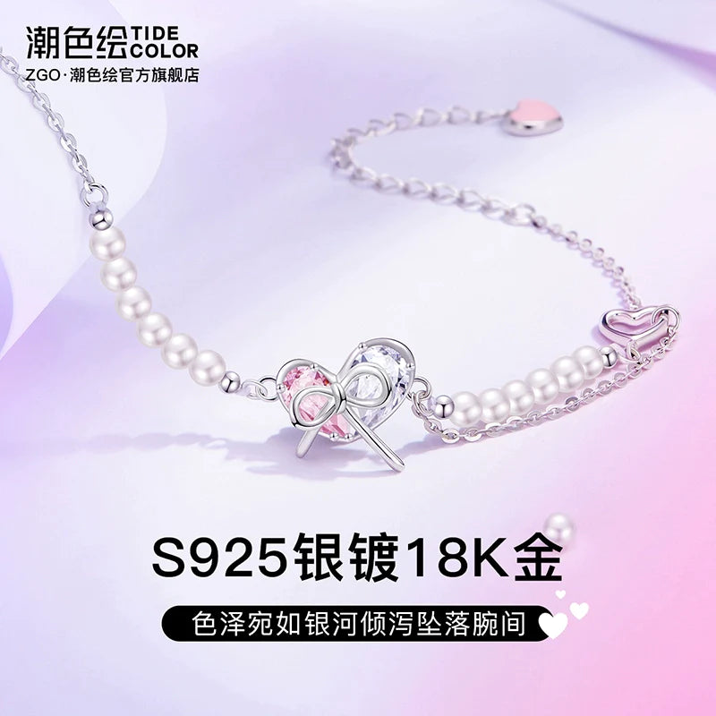 Butterfly Heart Bow 925 Sterling Silver Pearl Zircon Bracelet