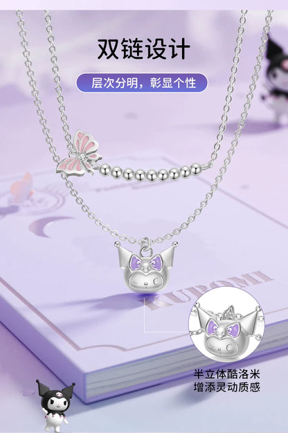 Kuromi Butterfly Double Chain 925 Sterling Silver Necklace