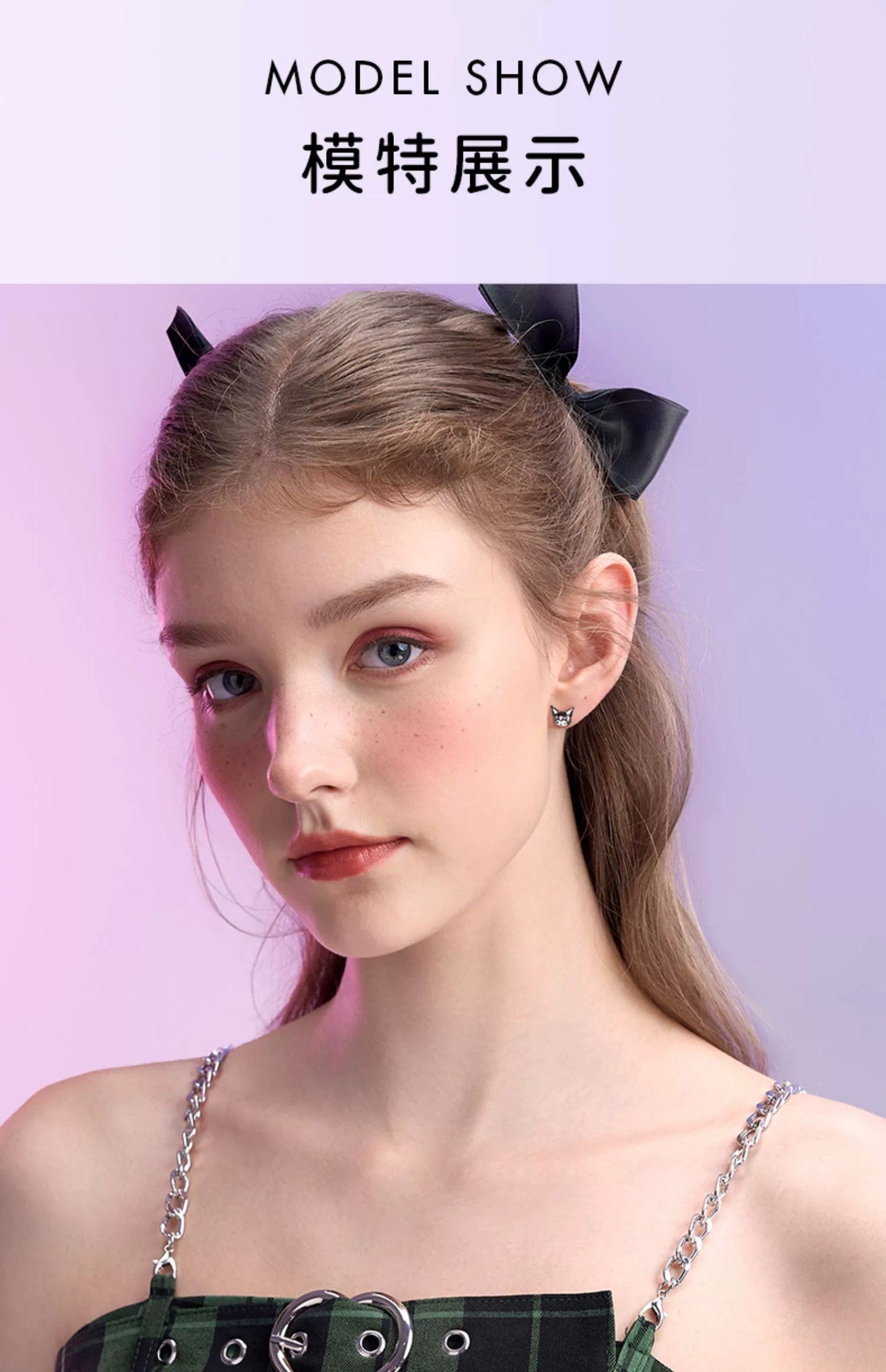 Kuromi Cherry Bow Asymmetrical 925 Sterling Silver Earrings