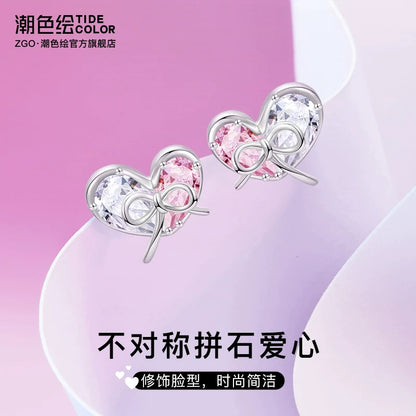 Heart Bow Zircon 925 Sterling Silver Stud Earrings