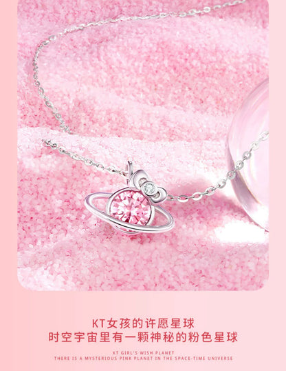 Hello Kitty Peach Pink Planet 925 Sterling Silver Necklace