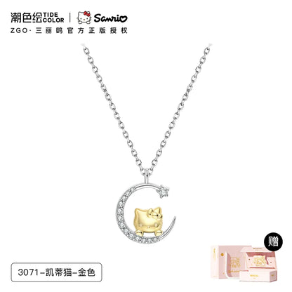 Hello Kitty Star & Moon Zircon 18K Gold Plated 925 Sterling Silver Necklace