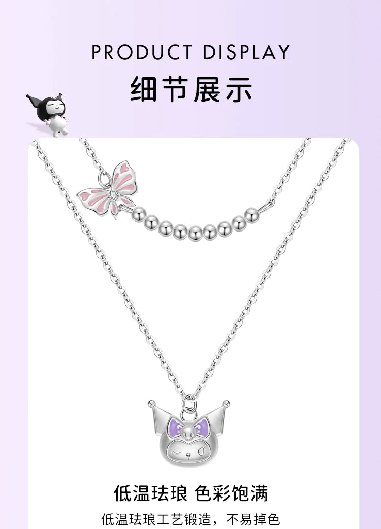 Kuromi Butterfly Double Chain 925 Sterling Silver Necklace