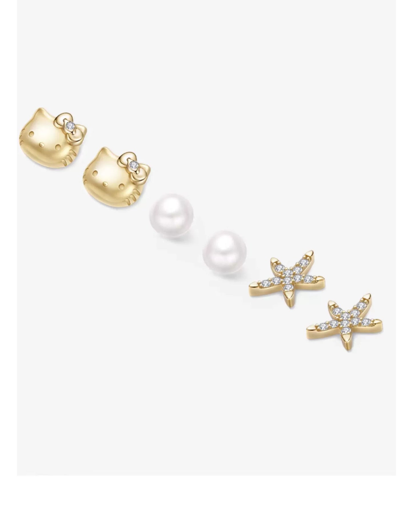 Hello Kitty/Pearl/Sea Star 925 Sterling Silver Stud Earrings Set