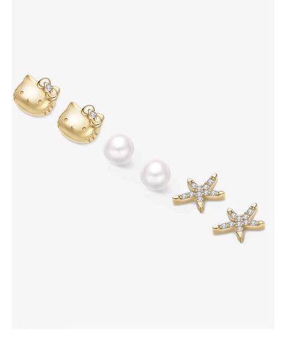 Hello Kitty/Pearl/Sea Star 925 Sterling Silver Stud Earrings Set