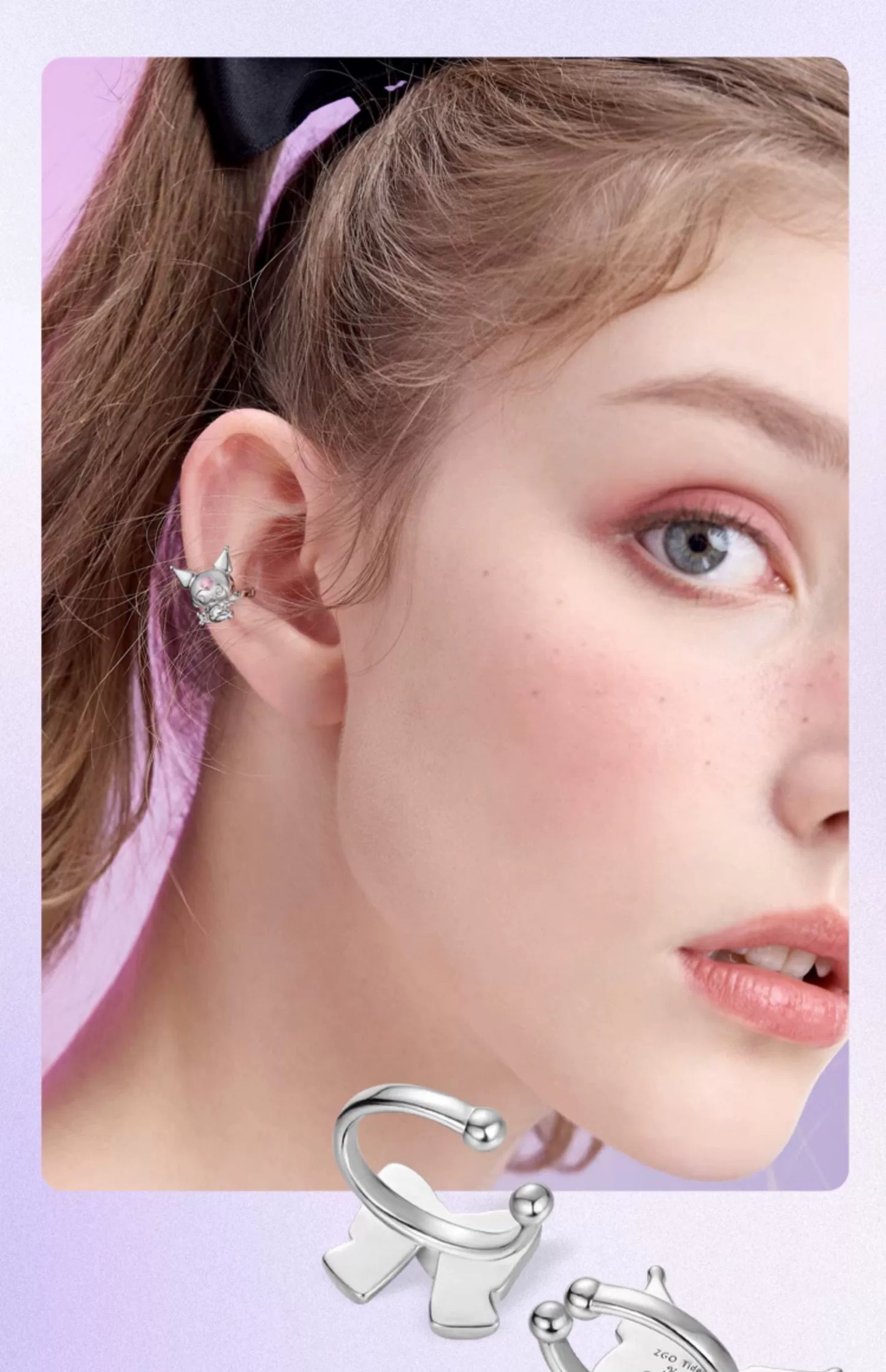 Kuromi Bow Asymmetrical 925 Sterling Silver Clip-on Earrings