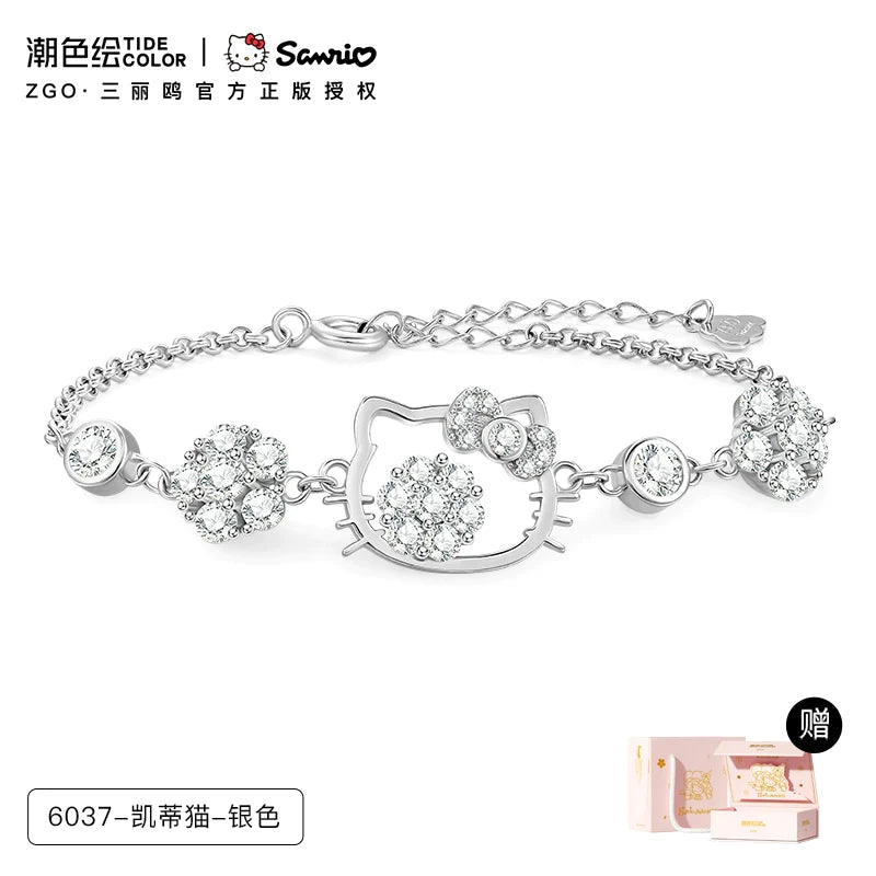 Hello Kitty Face Flower Zircon 925 Sterling Silver Bracelet