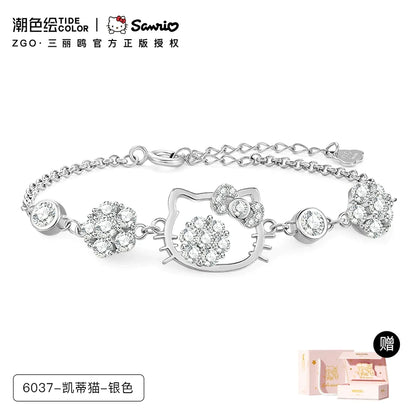 Hello Kitty Face Flower Zircon 925 Sterling Silver Bracelet