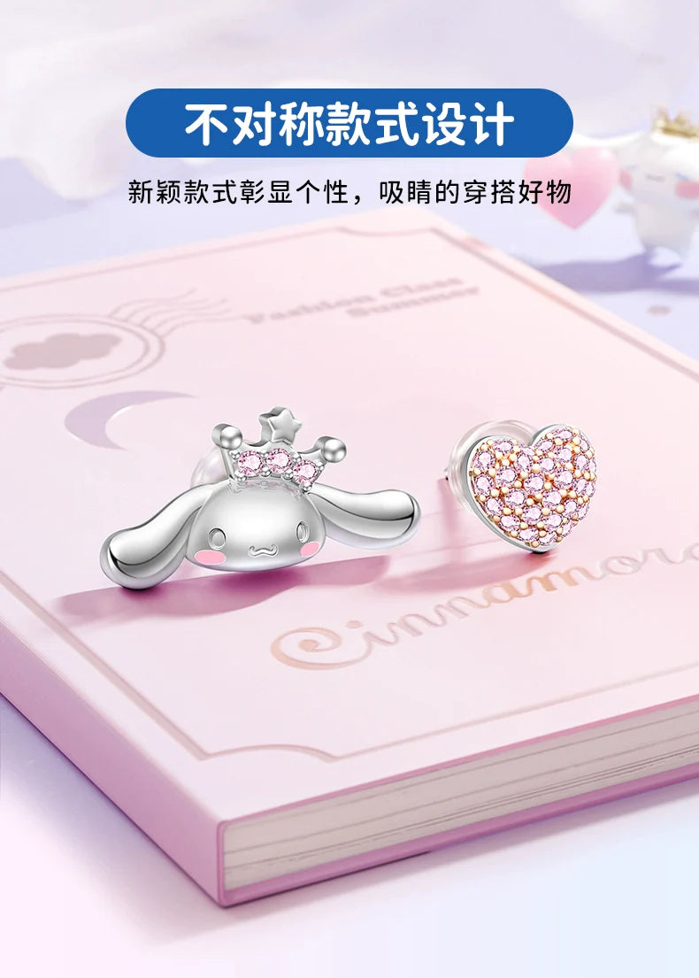 Cinnamoroll Pink Heart Zircon Asymmetrical 925 Sterling Silver Earrings