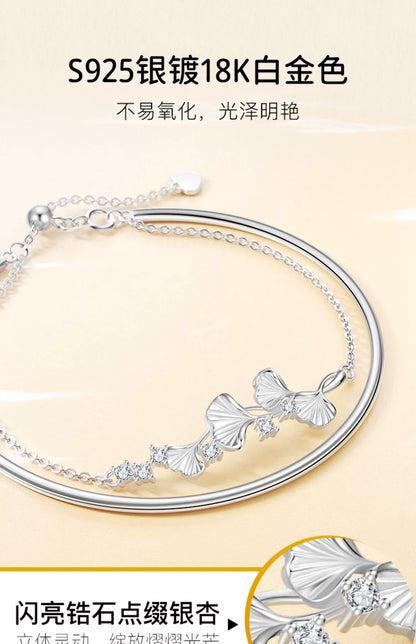 Ginkgo Leaf Double Chain 925 Sterling Silver Bracelet