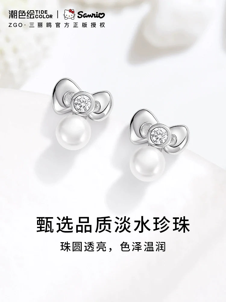 Hello Kitty Bow Pearl 925 Sterling Silver Stud Earrings