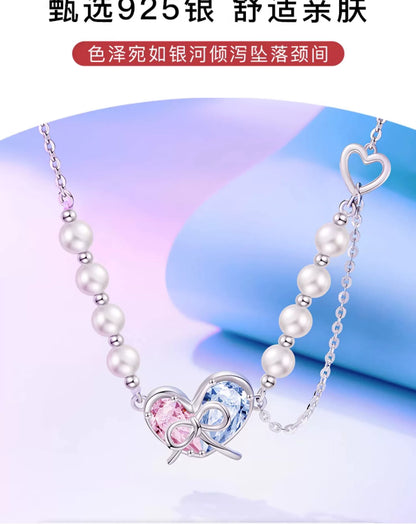 Harley Quinn Pink Blue Heart Bow 925 Sterling Silver Pearl Necklace