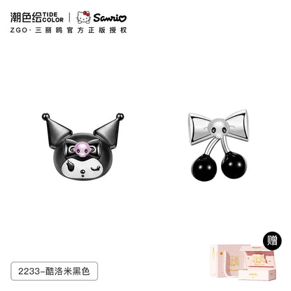 Kuromi Cherry Bow Asymmetrical 925 Sterling Silver Earrings