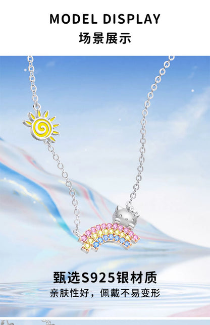 Hello Kitty Colored Rainbow Zircon 925 Sterling Silver Necklace