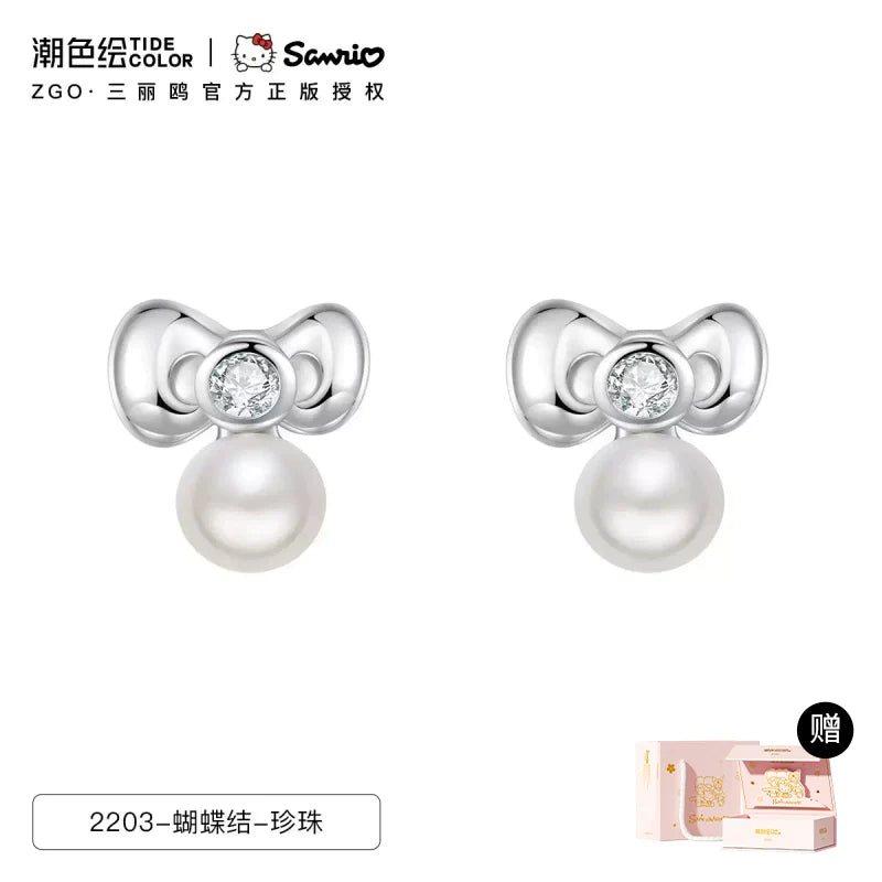 Hello Kitty Bow Pearl 925 Sterling Silver Stud Earrings