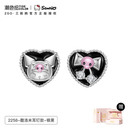 Kuromi Bow Black Heart 925 Sterling Silver Stud Earrings