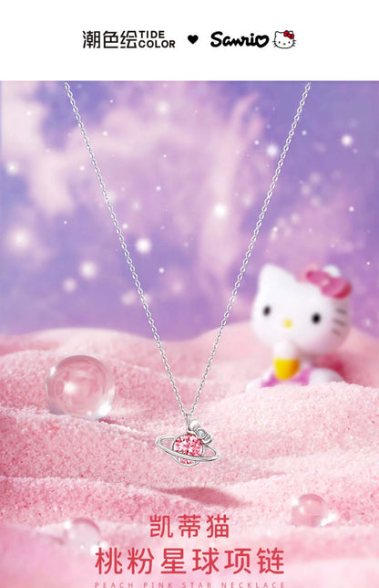 Hello Kitty Peach Pink Planet 925 Sterling Silver Necklace