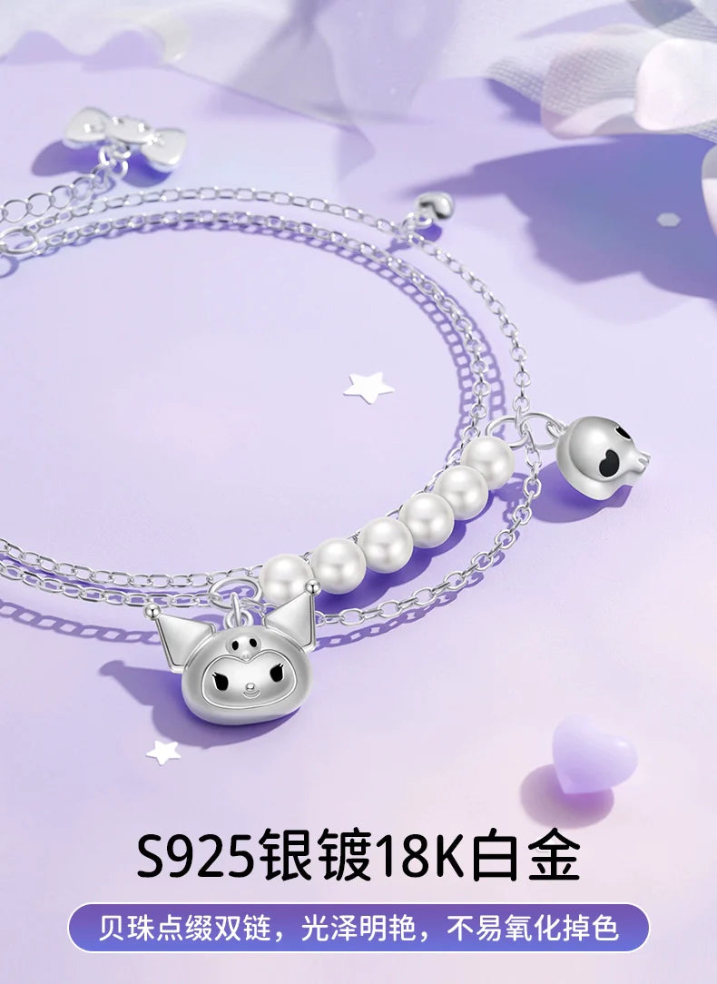 Kuromi Double Chain 925 Sterling Silver Pearl Bracelet