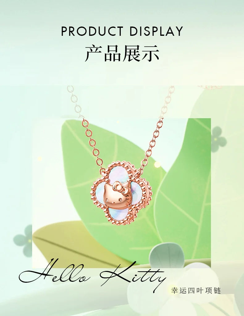 Hello Kitty 4-Leaf Clover Peal Shell 925 Sterling Silver Necklace