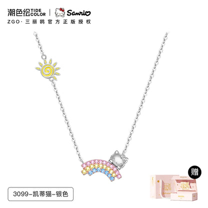 Hello Kitty Colored Rainbow Zircon 925 Sterling Silver Necklace