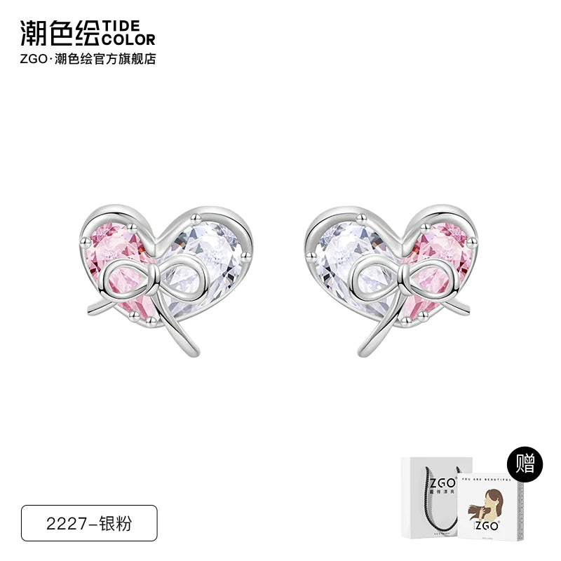 Heart Bow Zircon 925 Sterling Silver Stud Earrings