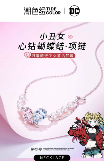 Harley Quinn Pink Blue Heart Bow 925 Sterling Silver Pearl Necklace