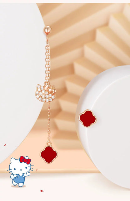 Hello Kitty Lucky Red 4-Leaf Clover Zircon Asymmetrical 925 Sterling Silver Earrings