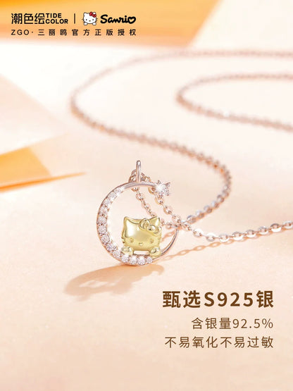 Hello Kitty Star & Moon Zircon 18K Gold Plated 925 Sterling Silver Necklace