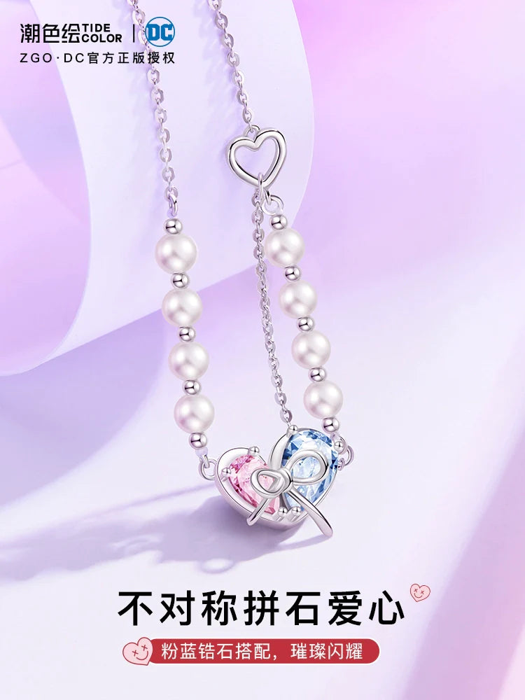 Harley Quinn Pink Blue Heart Bow 925 Sterling Silver Pearl Necklace